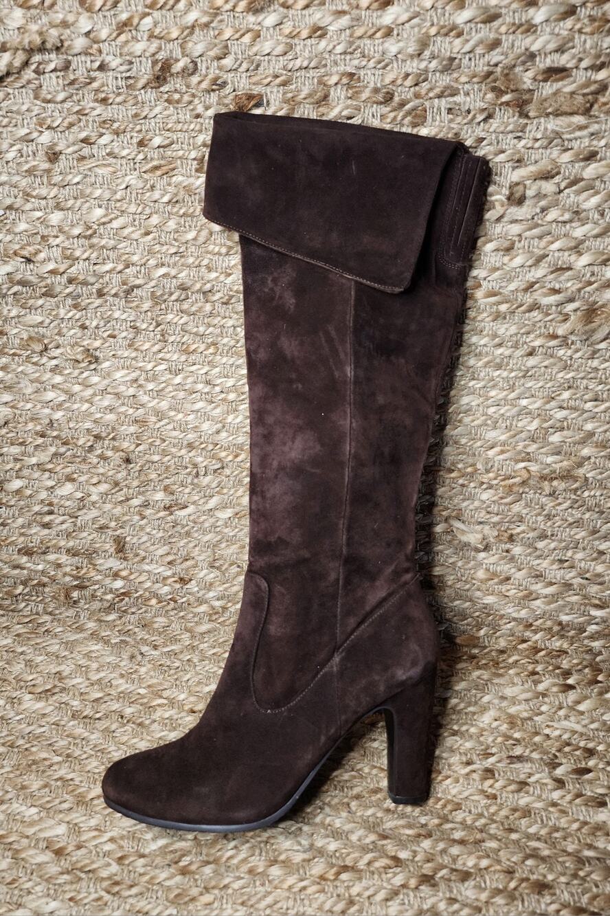 Y2k Loft Brown Suede Knee High Heeled Boots Foldover Cuff Western Size 10M